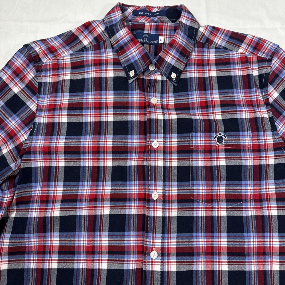 FLANNEL SHIRT Southern Tide Men Large Blue Red Plaid  Long Sleeve Button Up Logo